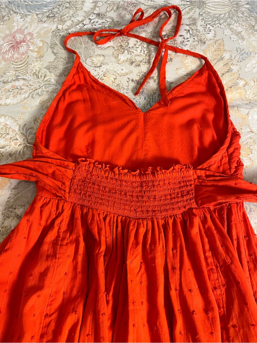 Free people 100% Cotton Orange Red Poppy Midi Dress with Smocked Back.  Small. - Picture 3 of 7